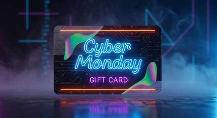Cyber monday cyber monday gift card with neon glowing text and abstract design on a dark background with smoke and reflections, perfect for promotion