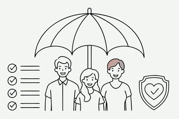 Family insurance illustration showing a family of three standing under an umbrella isolated on white background
