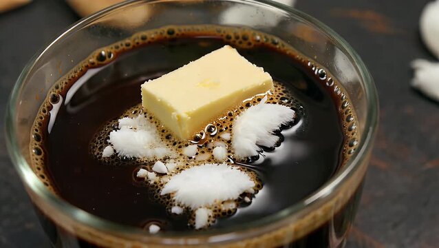 Bulletproof keto coffee. Ketogenic diet. Hot dring with coconut oil and ghee butter on dark background