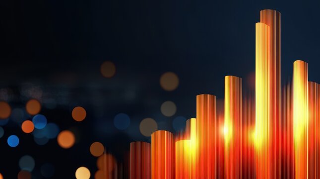 A vibrant digital visualization featuring vertical bars of light against a dark background, reminiscent of a sound wave or data graph.