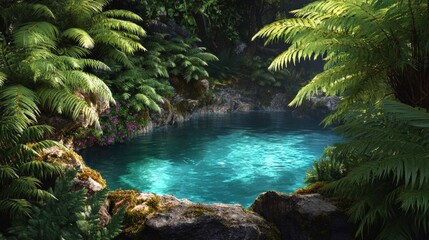 Serene Tropical Lagoon Surrounded by Lush Greenery and Rocks