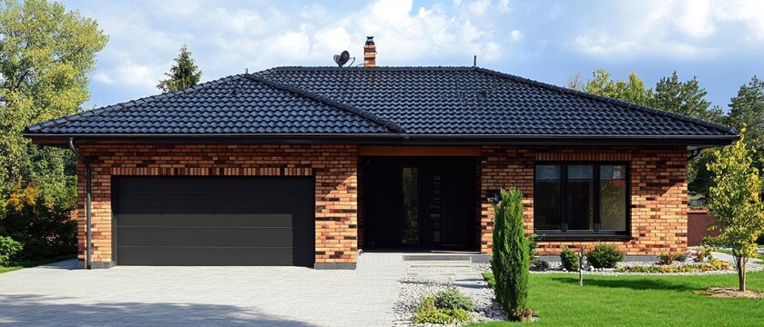 Contemporary suburban house with brick exterior and dark tiled roof