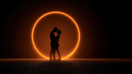 Fototapeta premium Silhouette of a couple embracing under a glowing circle in a darkened setting, creating an intimate atmosphere