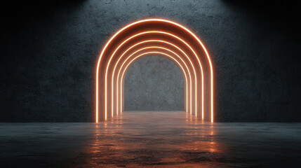 Fototapeta premium Illuminated archway in modern interior design showcases glowing outlines in dim space