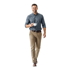 Fototapeta premium Man walking with coffee cup casual business attire professional portrait isolated on transparent background