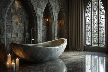 Modern marble bathtub in a luxurious stone bathroom with candlelight and stained glass windows