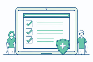 Online medical insurance form on a laptop with a shield, isolated on white background