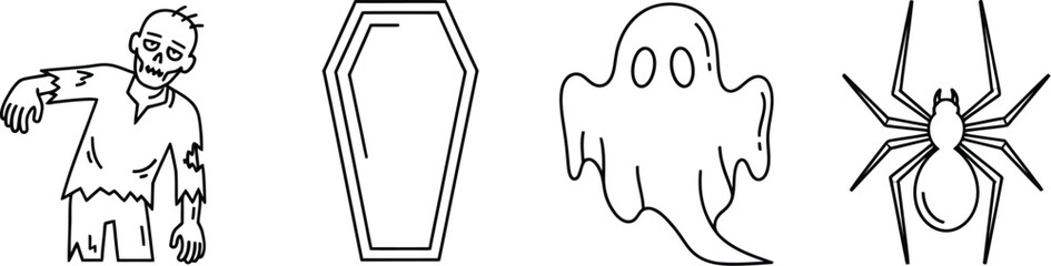 Halloween themed line art featuring a zombie coffin ghost and spider icons