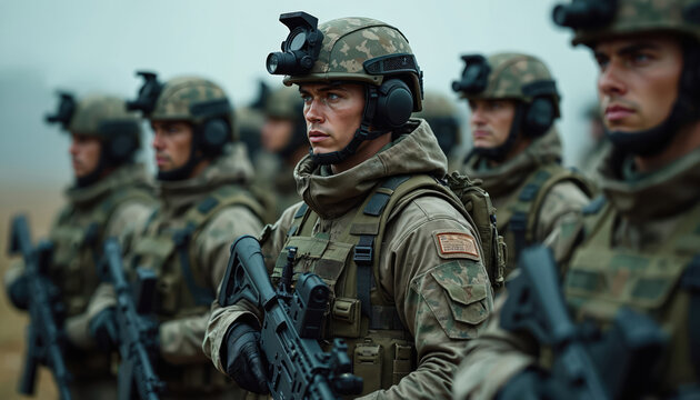 Vigilant soldiers in advanced gear stand at attention, showing military professionalism, unwavering commitment. Tactical equipment, including helmets with night vision, signifies modern preparedness.