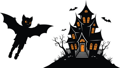 Spooky haunted house with bats flying around on a dark halloween night scene
