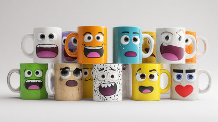 Colorful collection of character mugs displaying various expressive faces arranged in a playful composition