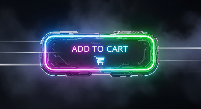 Cyber monday a glowing neon add to cart button sign on a dark background with smoke and a futuristic border in green, blue, and pink colors for online shopping - Powered by Adobe