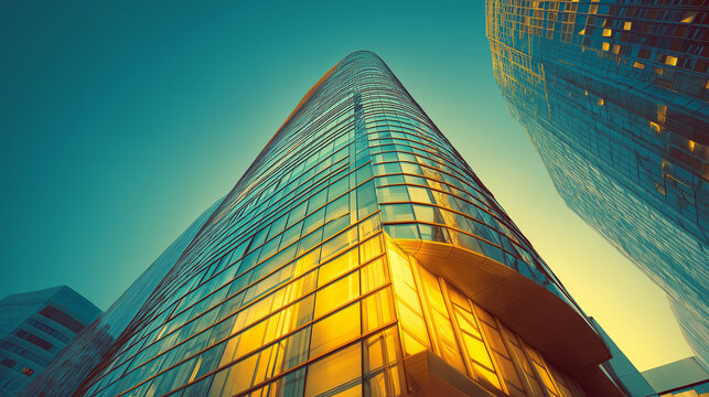 Ultra-modern skyscraper with reflective glass facade, golden sunset light, cinematic wide-angle perspective