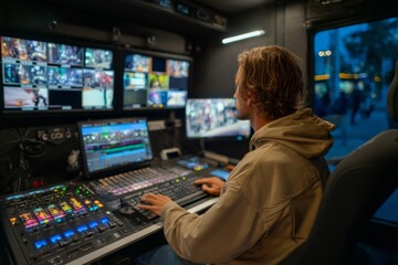 A production technician operates a broadcast control panel surrounded by screens showing various live event feeds in a control room at dusk. The atmosphere conveys focus and professionalism