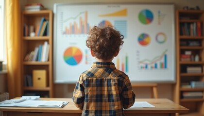 Curious toddler boy observes charts, graphs on whiteboard in classroom. Preschooler backview engages with data analysis, learning concepts, educational progress. Childhood curiosity fuels intellect,