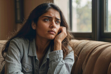 Indian woman with sad expression sitting on sofa at home looking outside and thinking bad problems on life