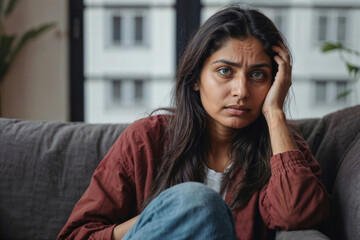 Portrait of stressed woman is sitting on a couch with her hands on her head, she looks sad and is staring off into the distance