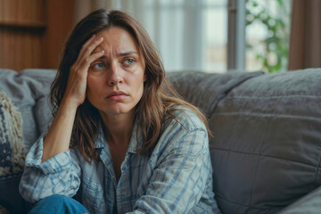 Stressed woman is sitting on a couch with her head in her hands, she looks sad and is frowning