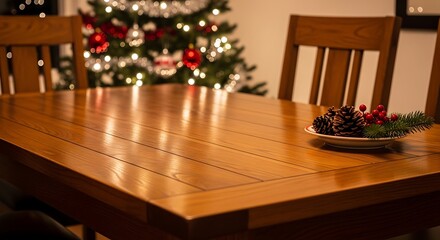 Warm wooden dining table set for a festive holiday meal with a decorated Christmas tree in the background