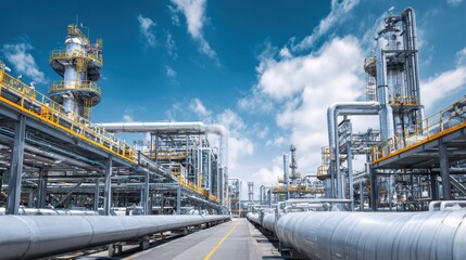 Industrial facility with extensive pipelines and storage tanks under a bright blue sky