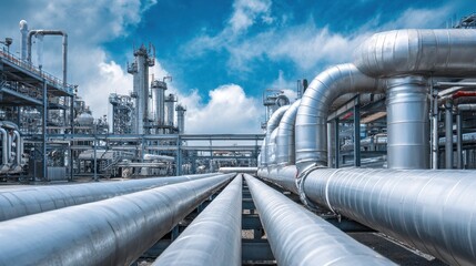 Industrial pipes and machinery in a processing facility against a clear sky in broad daylight