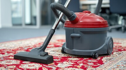 Vacuum cleaner in action on a red patterned carpet in an office setting during daylight