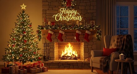 Cozy Christmas living room with a glowing fireplace and decorated tree, evoking warmth and holiday cheer.