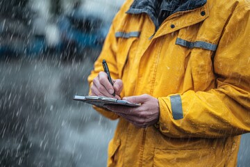 A person is standing in the rain, wearing a bright yellow rain jacket and jotting down notes on a clipboard. The ambiance is dreary, emphasizing the rainy weather