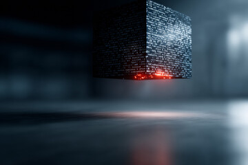 Mysterious Floating Cube with a Textured Surface and Glowing Edges

