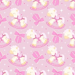 Coquette Rocking Horse Seamless Pattern, Pink Bows Digital Paper, Whimsical Nursery Wallpaper, Baby Girl Fabric Design