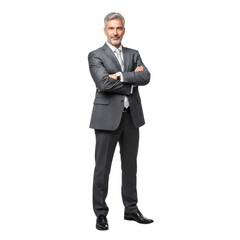 Professional mature businessman in gray suit with arms crossed full body portrait  on transparent background