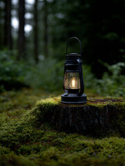 Vintage Lantern Glowing on a Mossy Stump in a Forest Setting

