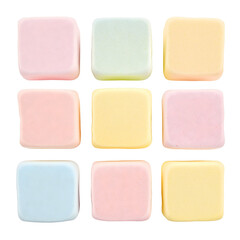 A delightful arrangement of square candies in soft pastel colors, including pink, green, yellow, and blue, presented in a clean grid against a pristine white background