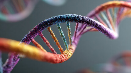 Colorful DNA helix model against a dark background illustrates molecular structure and genetic information