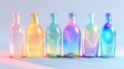 Colorful gradient glass bottles arranged on a light background showcasing unique hues and reflections