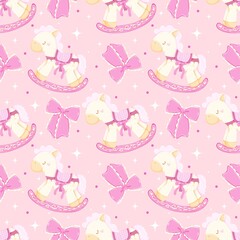 Coquette Rocking Horse Seamless Pattern, Pink Bows Digital Paper, Whimsical Nursery Wallpaper, Baby Girl Fabric Design