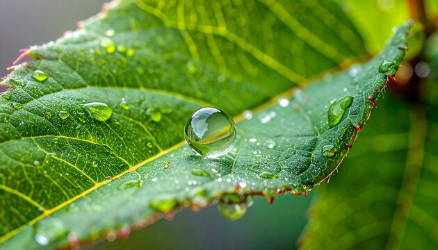 Close-up of a dewdrop on a green leaf - Powered by Adobe