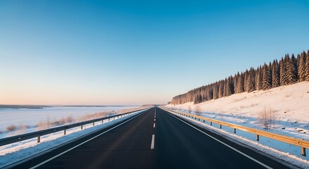 Long, empty highway stretching through a serene winter landscape under a clear blue sky.