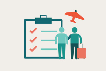 Travel insurance concept with clipboard, people, and airplane isolated on white background