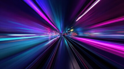 Vibrant streaks of purple and blue light blur into a futuristic tunnel of motion