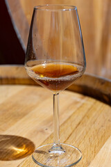 Visit of wine cellar with old large oak barrels, glass of fortified dry or sweet tasty marsala wine from barrels in Marsala, Sicily, Italy