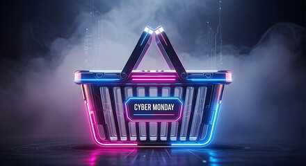 Cyber monday cyber monday neon shopping basket with glowing lights and abstract smoke on dark background, online shopping and sale concept, futuristic design element