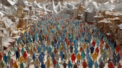 Obraz premium Colorful paper figures create a bustling street scene at a festival with intricate buildings and mountainous backdrop