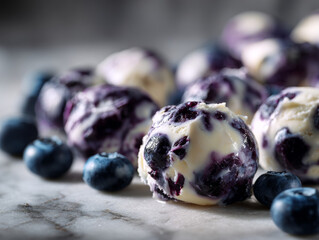 Creamy Blueberry Ice Cream Balls Surrounded by Fresh Blueberries

