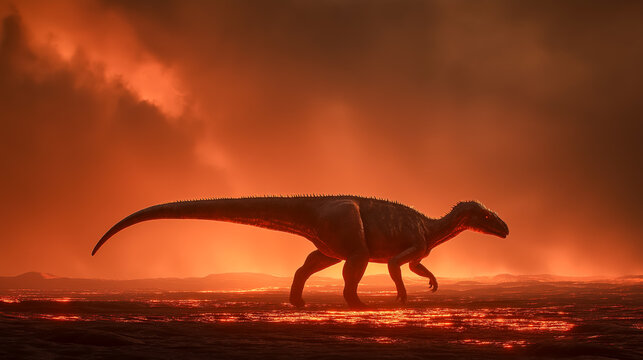 Realistic Concavenator dinosaur with distinctive back hump walking near lava
