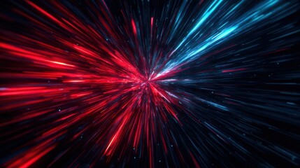 Abstract cosmic explosion of red and blue light streaks against a dark background