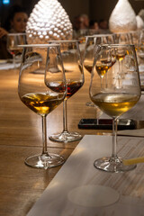 Visit of wine cellar with old large oak barrels, tasting of fortified dry or sweet tasty marsala wine in Marsala, Sicily, Italy