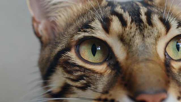 extremely detailed and close-up view of the eyes of domestic feline with striped coat, presented with vibrant clarity. Wall covering for personal computers featuring pets. portrait of animal. The ide