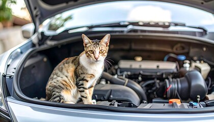 A calico cat sits inside a car's open hood, looking directly at the viewer