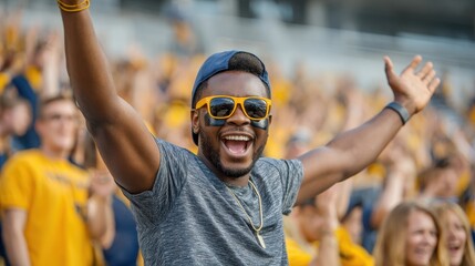 Excited fan cheers joyfully during a college football game in a packed stadium on a sunny afternoon